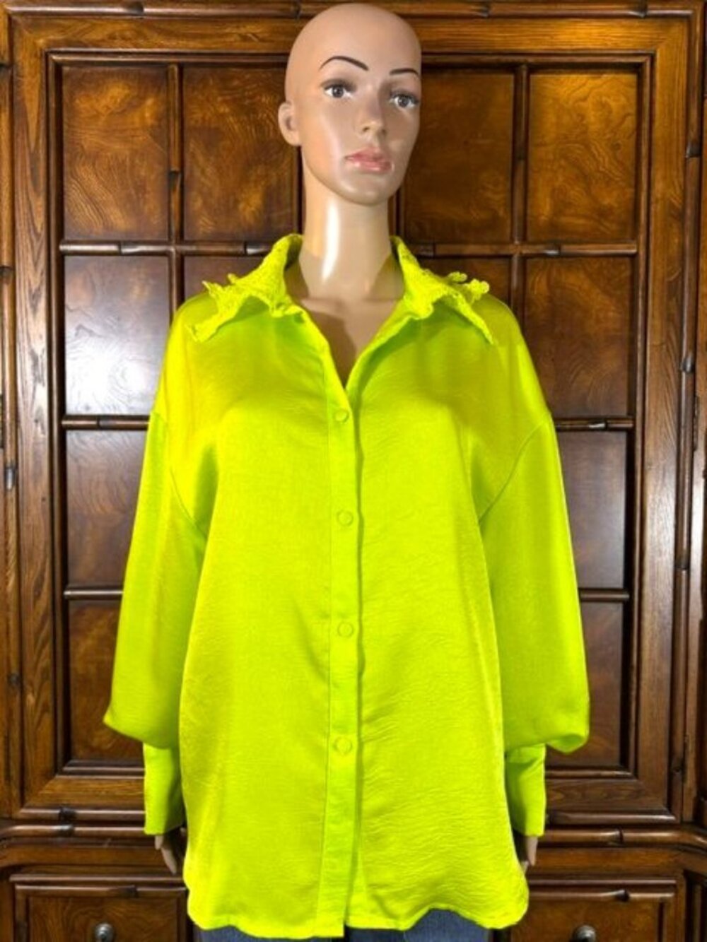Shein Bizwear Chartreuse Crinkle Matte Satin Crochet Collar Blouson Sleeve Shirt